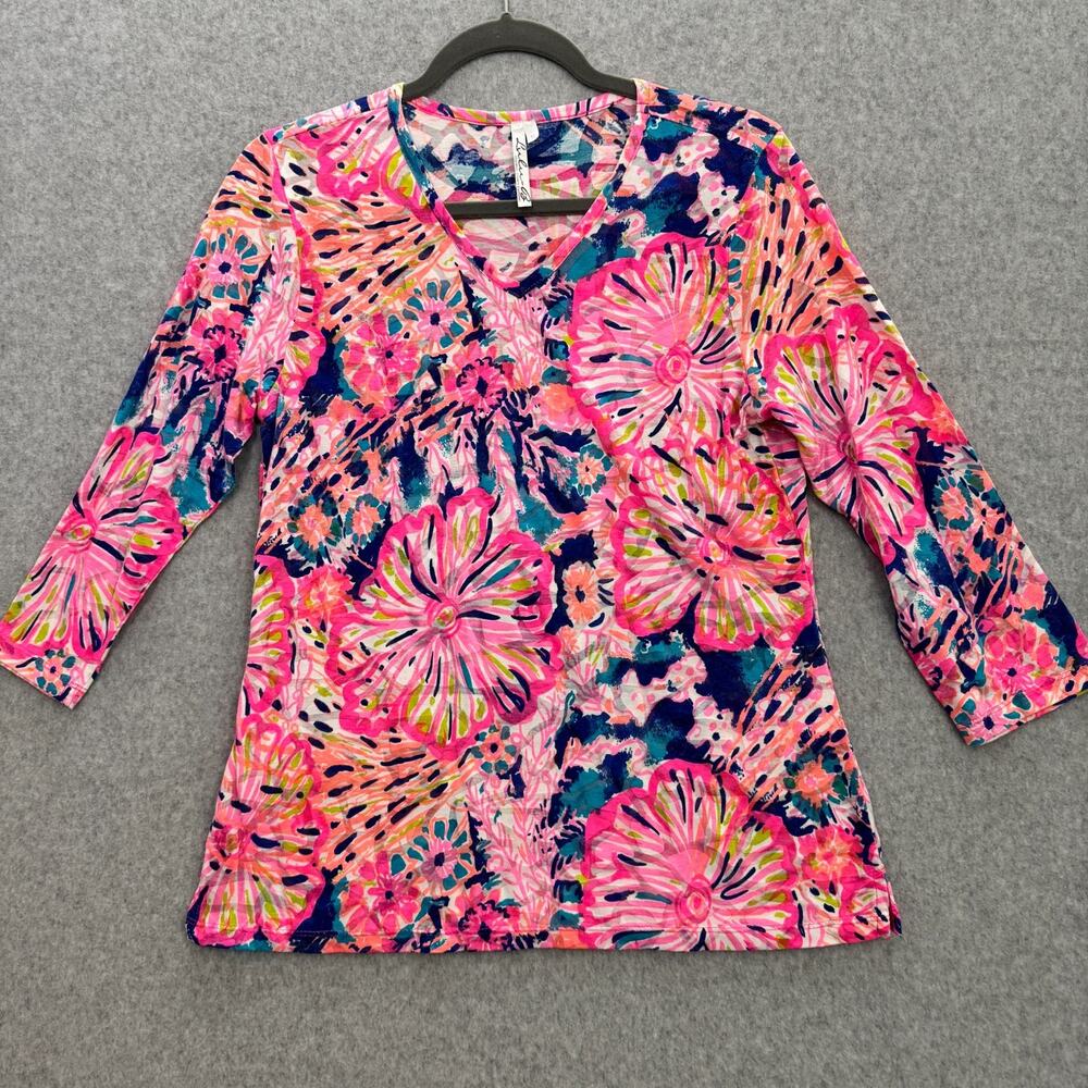 Lulu B Tropical Floral V-Neck T-Shirt Sz S Pink Blue Coastal Beach Cotton Bright